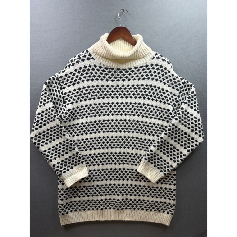 Ann Taylor Turtleneck Sweater Womens Ivory Black Geometric Diamond Knit Large